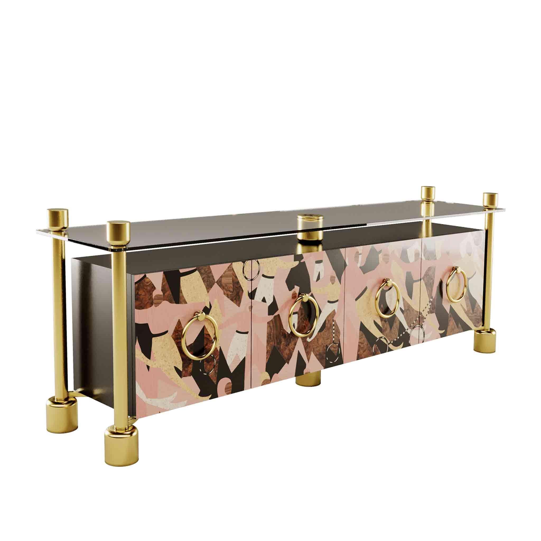 Portuguese Modern Sideboard in Wood Marquetry and Golden Polished Brass & Smoked Glass Top For Sale