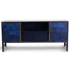 Modern Sideboard Lacquered Dark Blue with Brass Cabinet Pulls