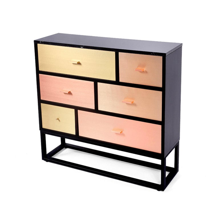Made from ash veneer with steel legs, copper, bronze and brass drawers and unique marble top. It is wonderfully smooth to the touch and looks fantastic. Sideboard Soleil is beautifully crafted by our best craftsmen. You will enjoy all the space that