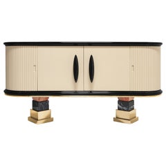 Modern Sideboard With Red Marble Top, Beige and Black Lacquer & Brass Details