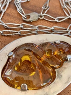 Modern Signed .970 Silver and Carved Amber Pendant and Chain