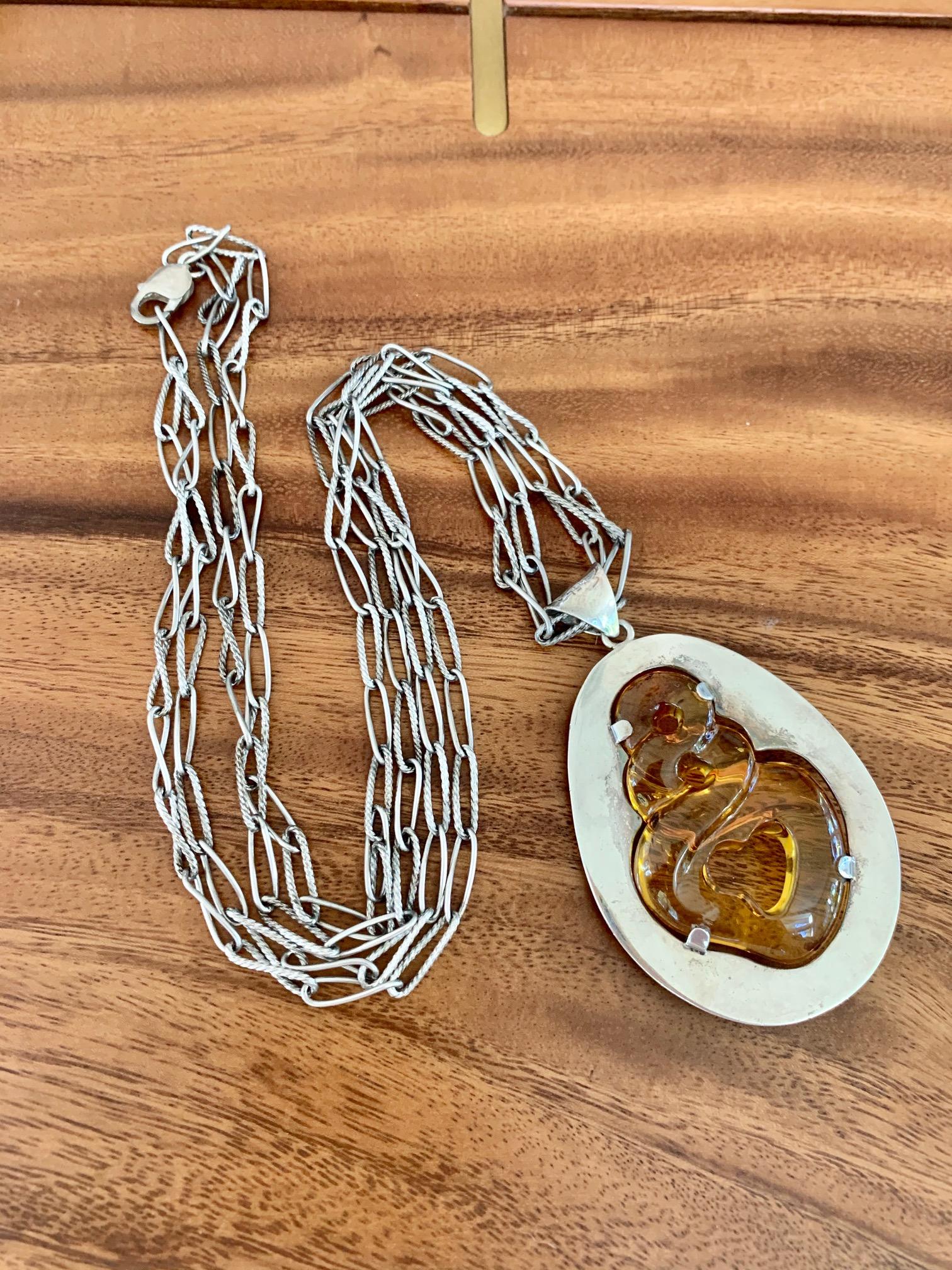 Modern Signed .970 Silver and Carved Amber Pendant and Chain For Sale 2