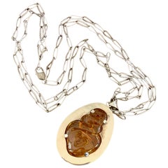 Modern Signed .970 Silver and Carved Amber Pendant and Chain