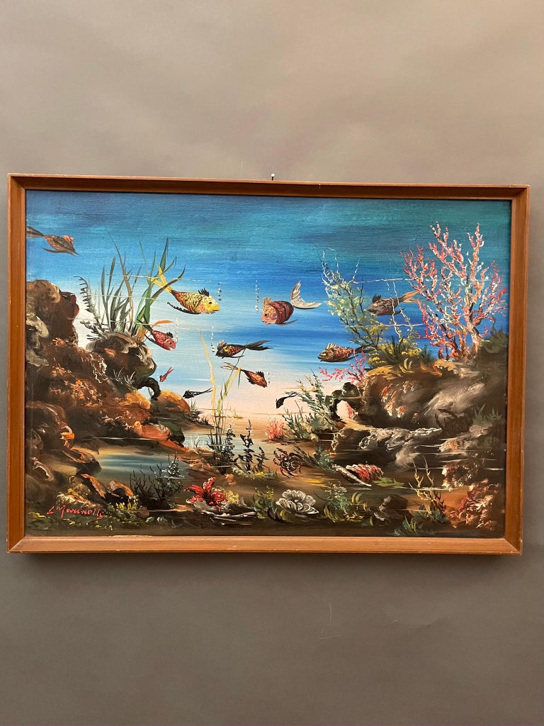 Underwater scene with coloured fish, rocks and corals signed Marinelli.
Italian artist from 1950s
Original frame in natural wood