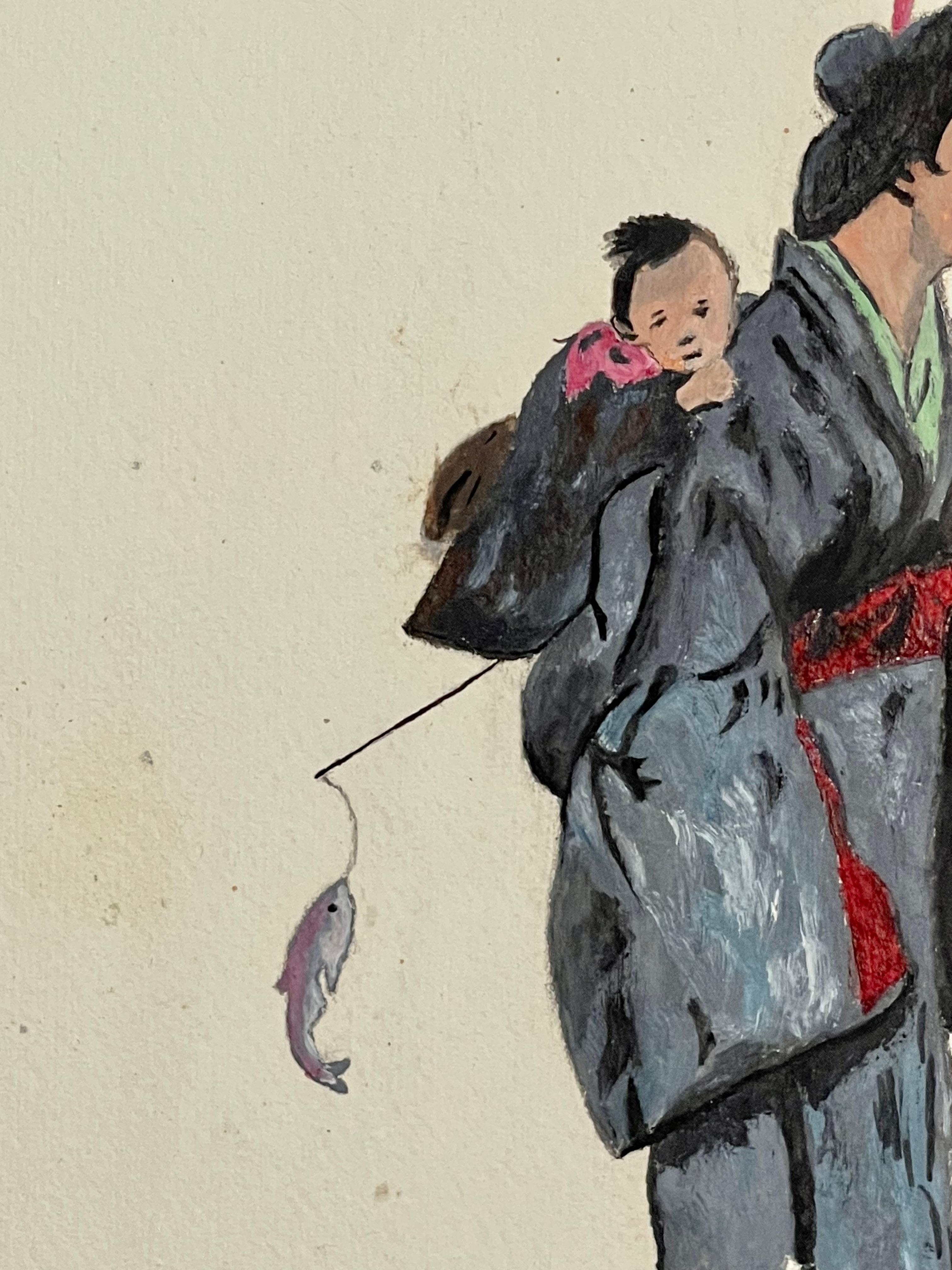 20th Century Modern Signed Oriental Watercolor Woman with Child For Sale