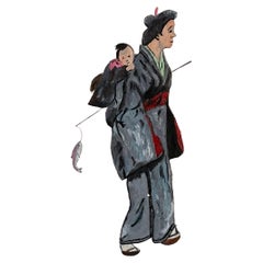 Modern Signed Oriental Watercolor Woman with Child