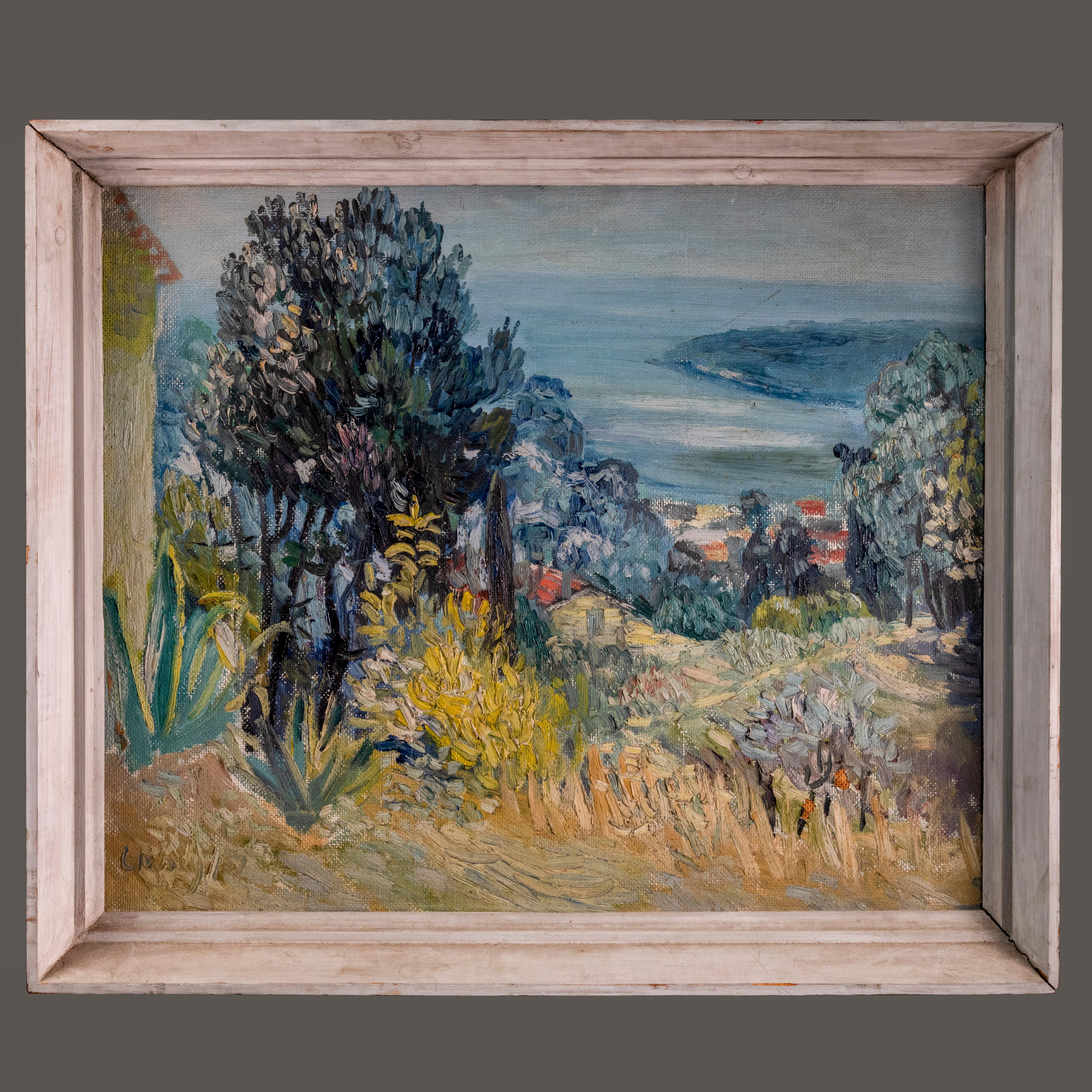Peinture moderne signée - Paysage de la Côte d'Azur française en vente 2
