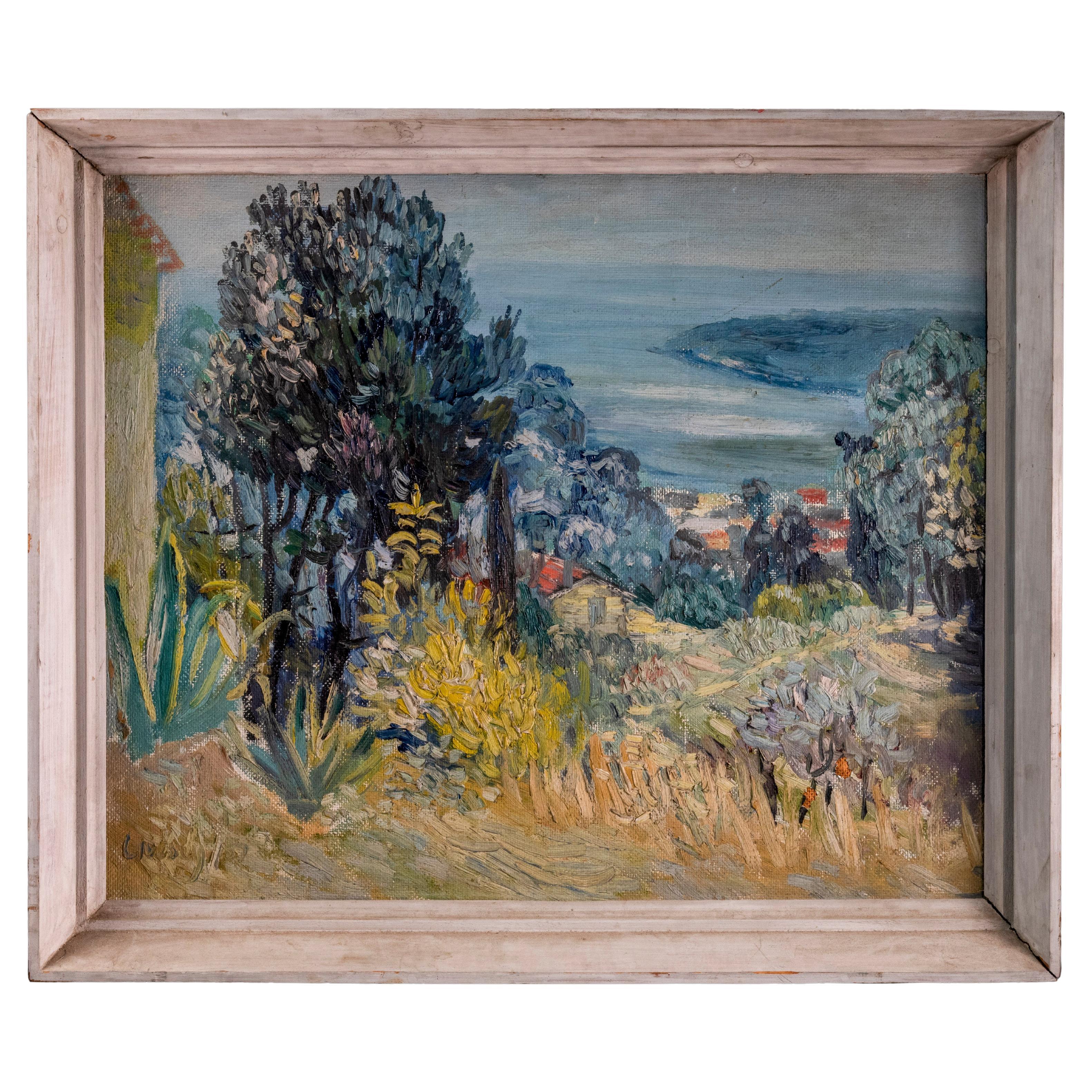Modernes signiertes Gemälde, Französische Riviera-Landschaft
