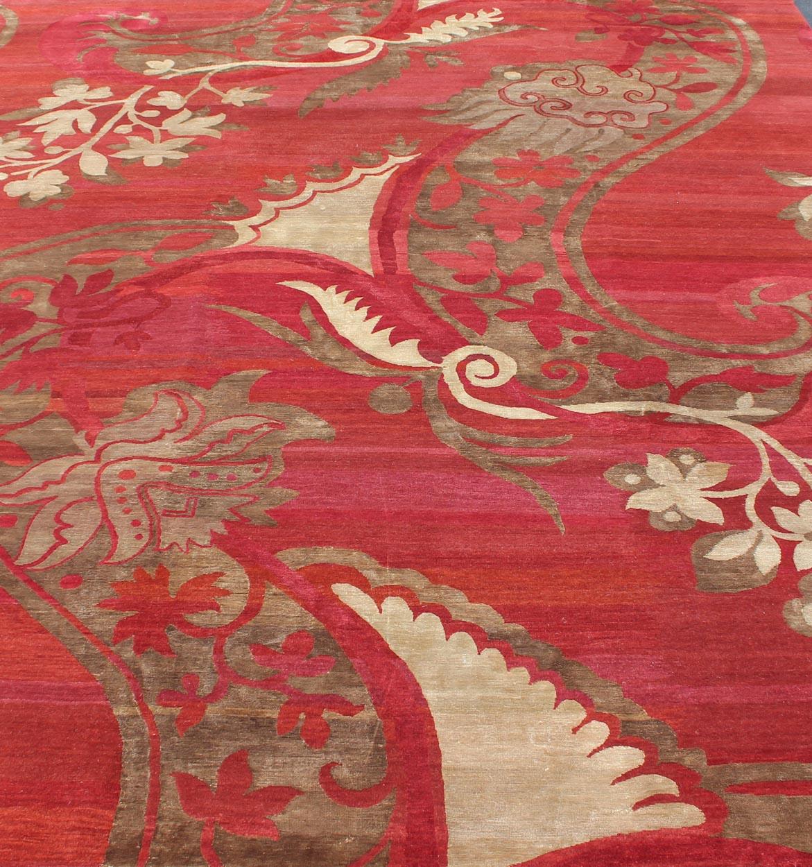 Modern Silk and Wool Rug from Nepal in Red and Taupe For Sale 4