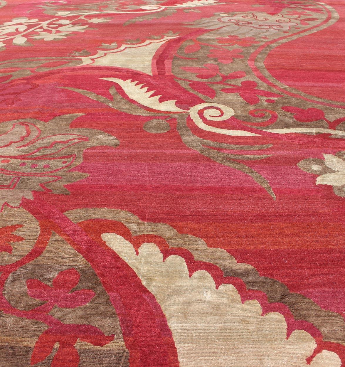 Modern Silk and Wool Rug from Nepal in Red and Taupe For Sale 5