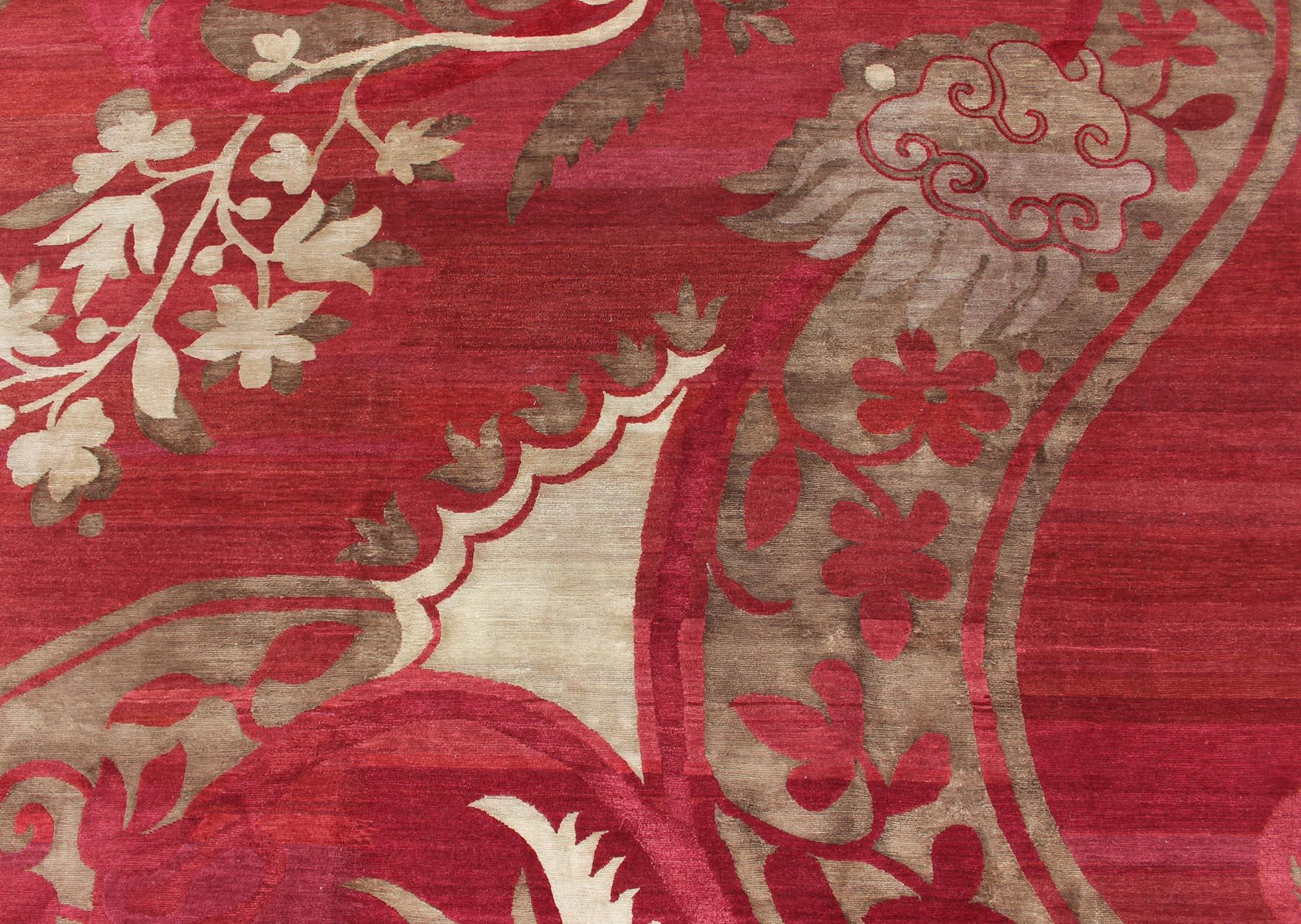 Modern Silk and Wool Rug from Nepal in Red and Taupe For Sale 6