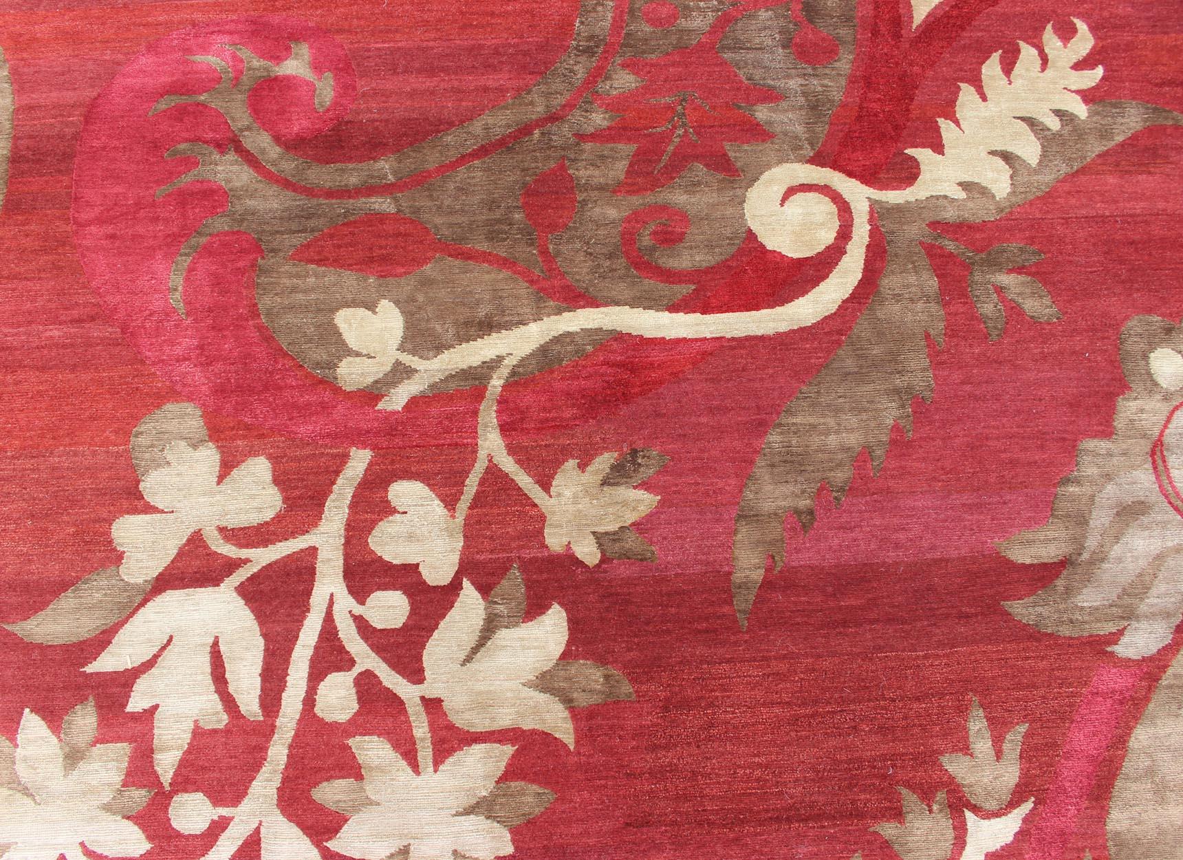 Modern Silk and Wool Rug from Nepal in Red and Taupe For Sale 7