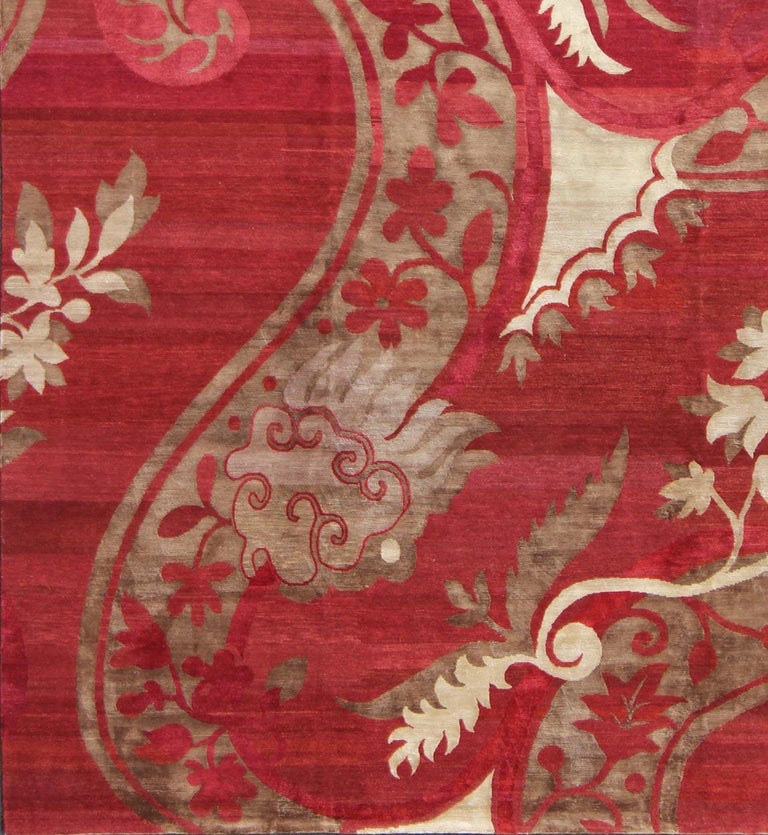 Modern Silk and Wool Rug from Nepal in Red and Taupe For Sale at 1stDibs