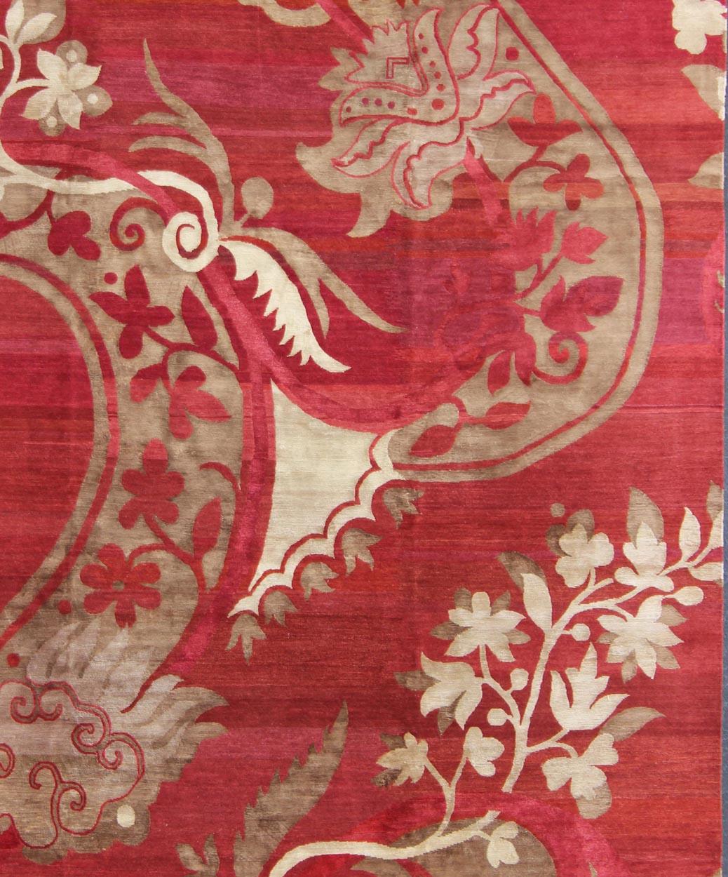 Hand-Knotted Modern Silk and Wool Rug from Nepal in Red and Taupe For Sale