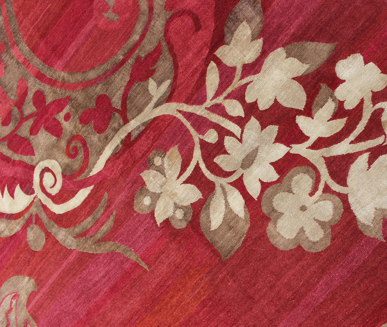 Modern Silk and Wool Rug from Nepal in Red and Taupe In New Condition For Sale In Atlanta, GA