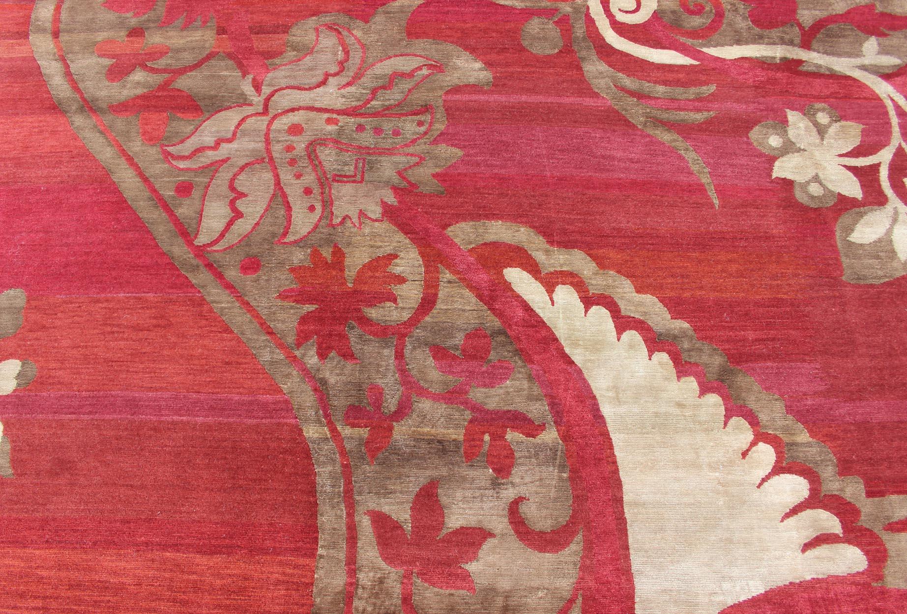 Contemporary Modern Silk and Wool Rug from Nepal in Red and Taupe For Sale