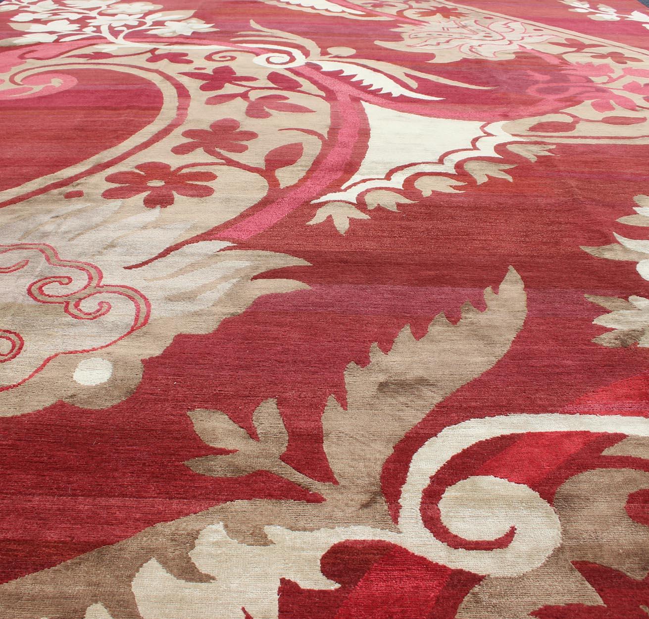 Modern Silk and Wool Rug from Nepal in Red and Taupe For Sale 2