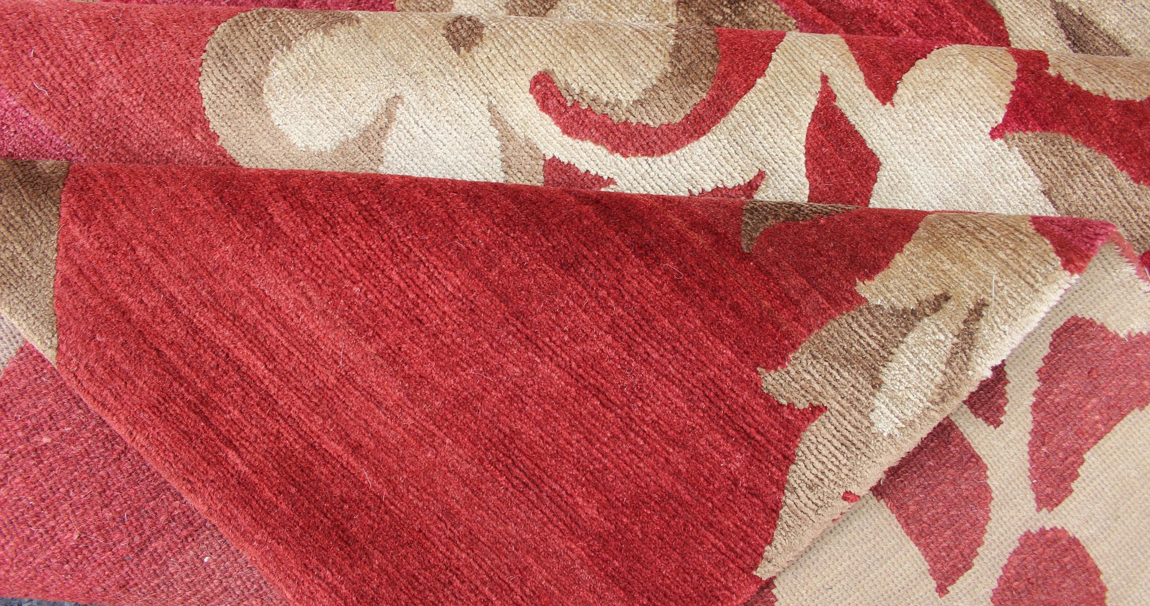 Modern Silk and Wool Rug from Nepal in Red and Taupe For Sale 3
