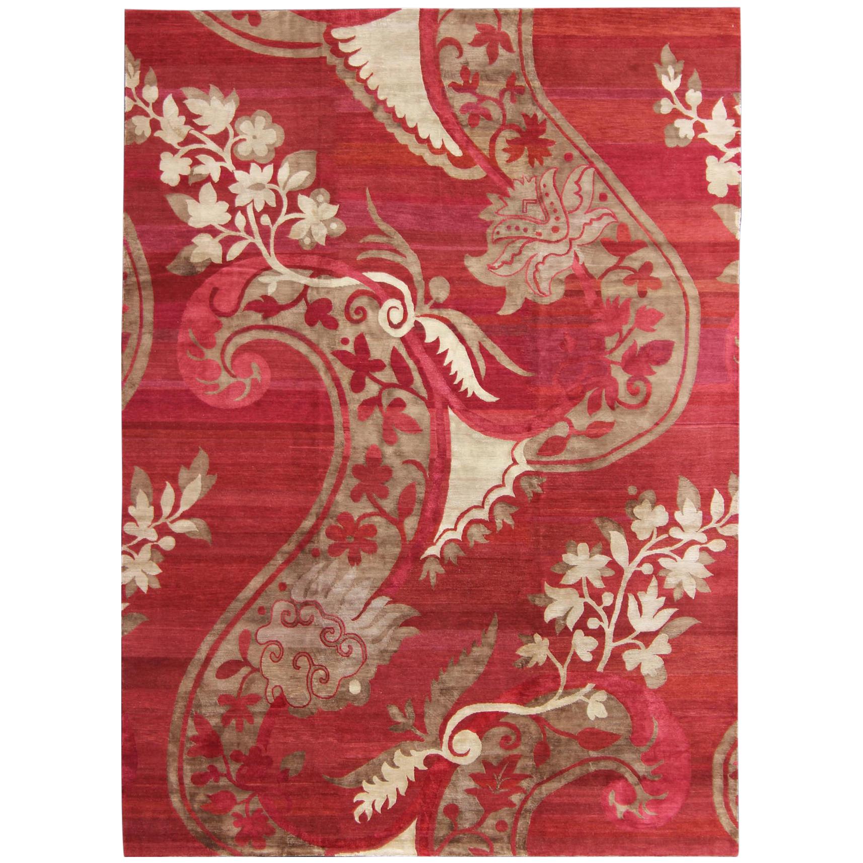 Modern Silk and Wool Rug from Nepal in Red and Taupe