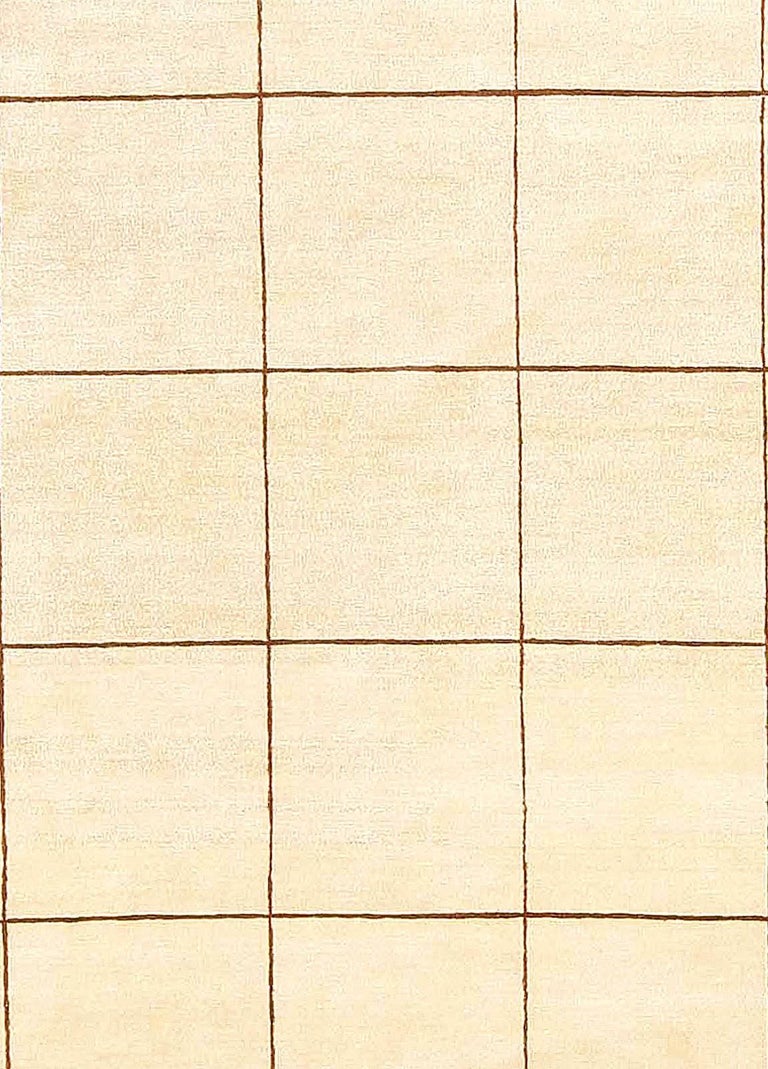 Modern Silk Rug with Geometric Design, Beige, Light Brown and OffWhite