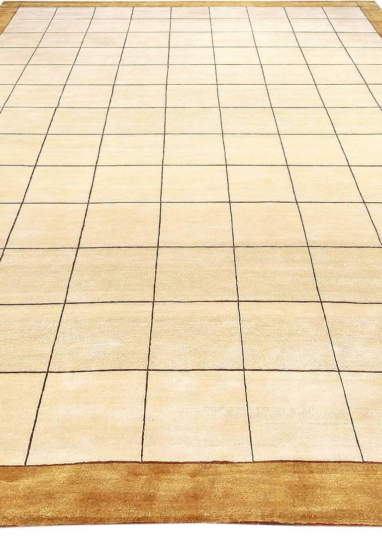 Modern Silk Rug with Geometric Design, Beige, Light Brown and OffWhite