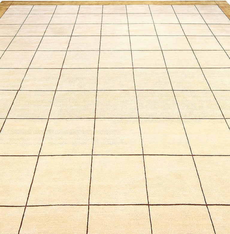 Modern Silk Rug with Geometric Design, Beige, Light Brown and OffWhite