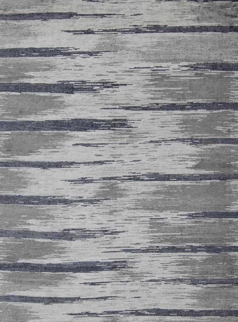 Indian Modern Silk Rug With Gray Blue, Steel Blue, Gray & Taupe in Tiger Striped Design For Sale