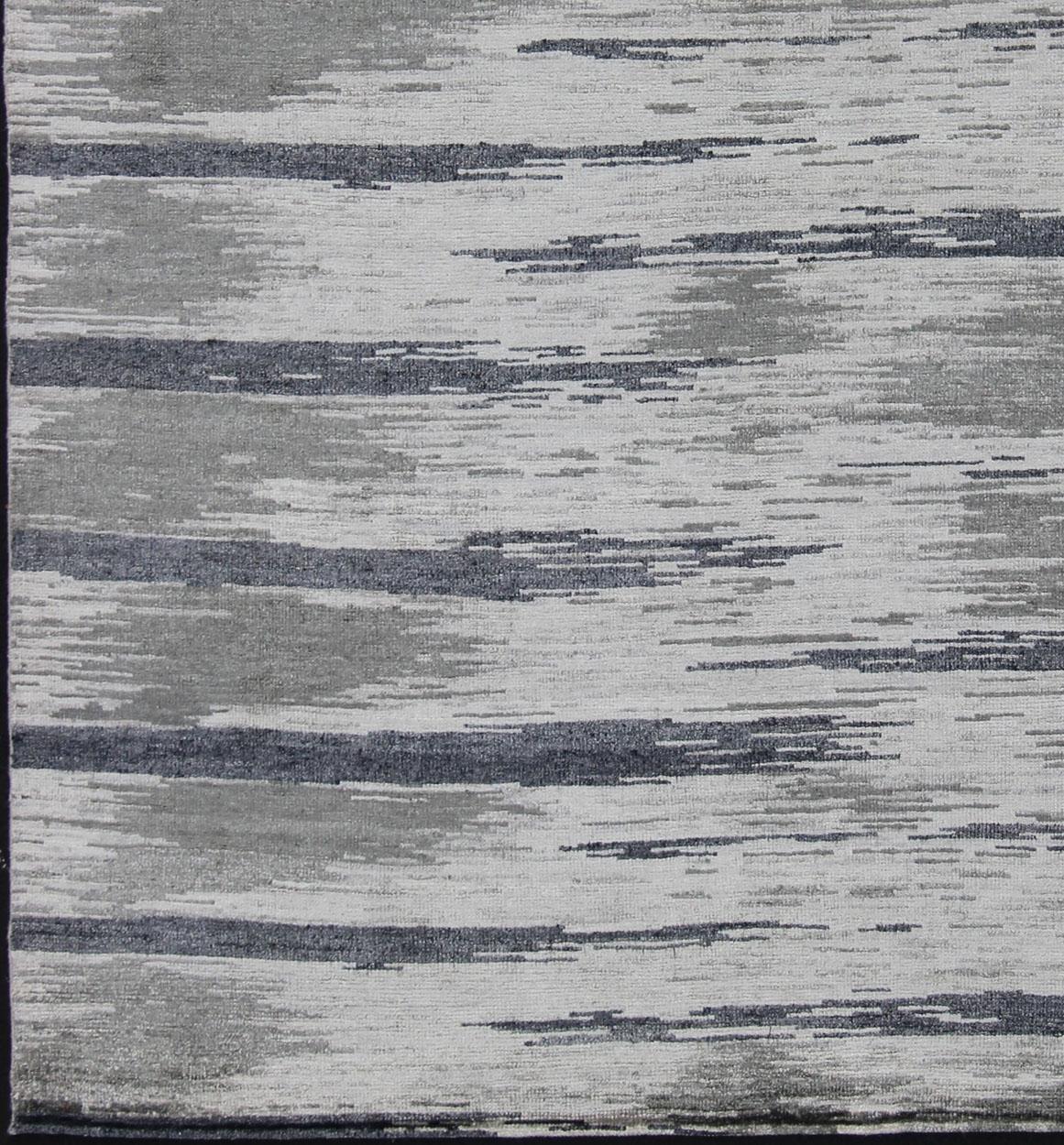 Hand-Knotted Modern Silk Rug With Gray Blue, Steel Blue, Gray & Taupe in Tiger Striped Design For Sale