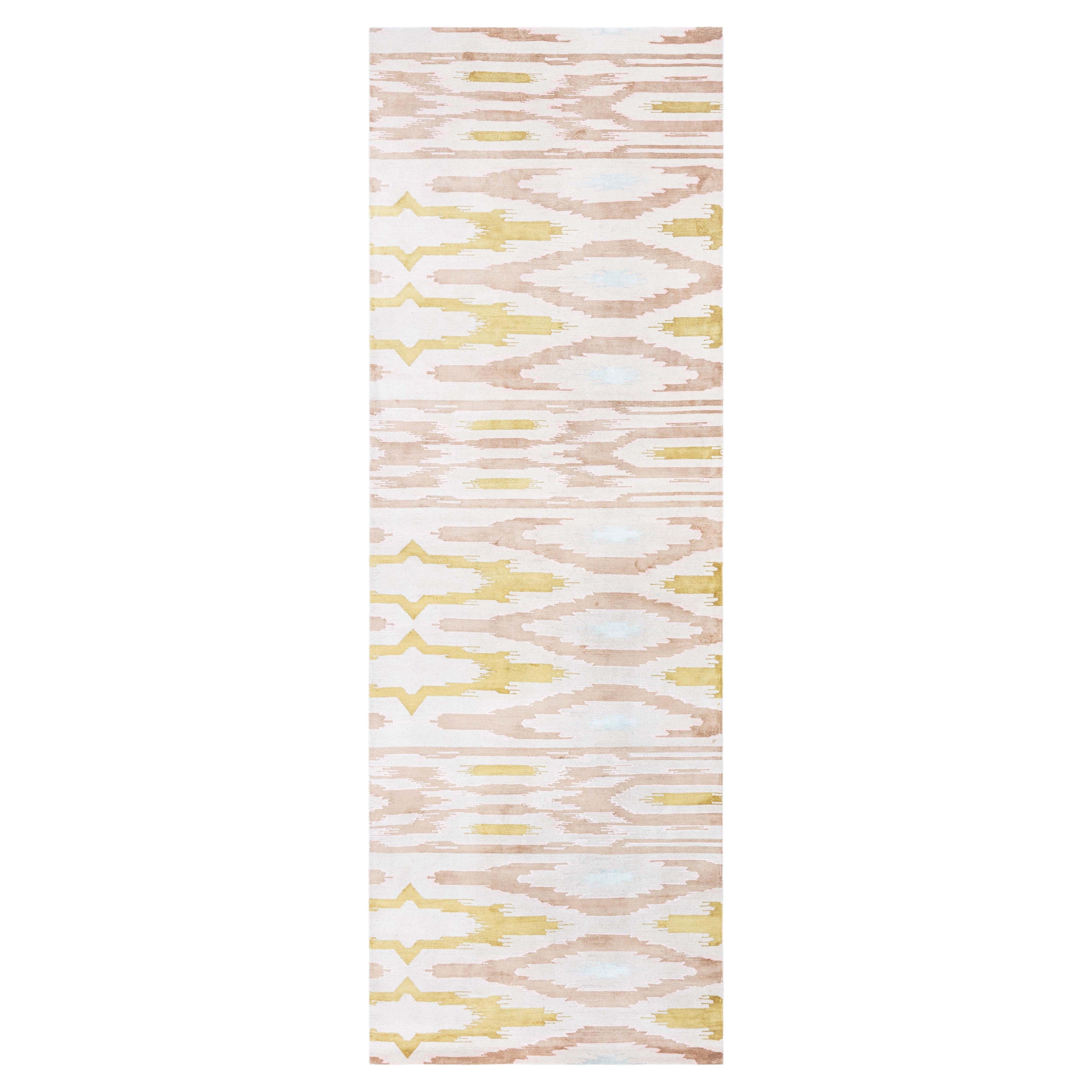 Modern Silk Runner In Beige With Shimmering Gold Ikat Accents "Lustre Ikat"