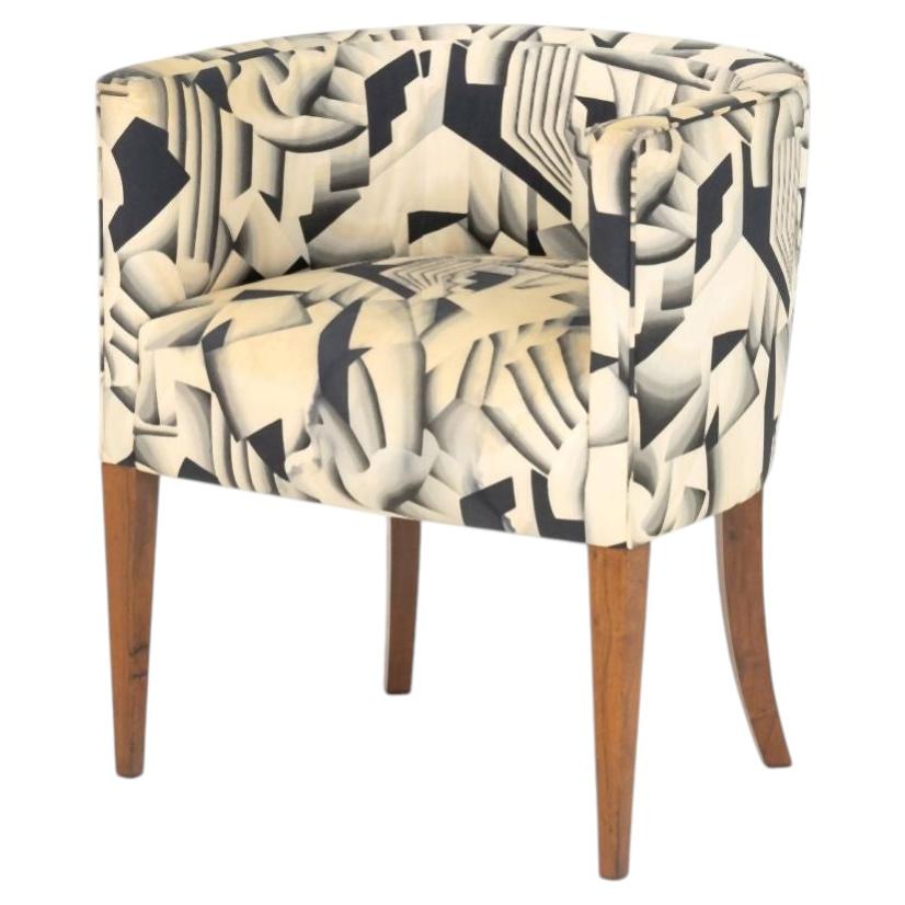 Modern Walnut and Abstract Patterned Silk Upholstery Club Chair For Sale