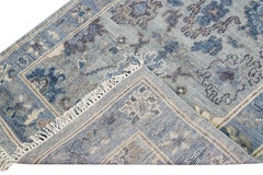 Modern Silver And Blue Oushak style Handmade Floral Motif Wool Runner