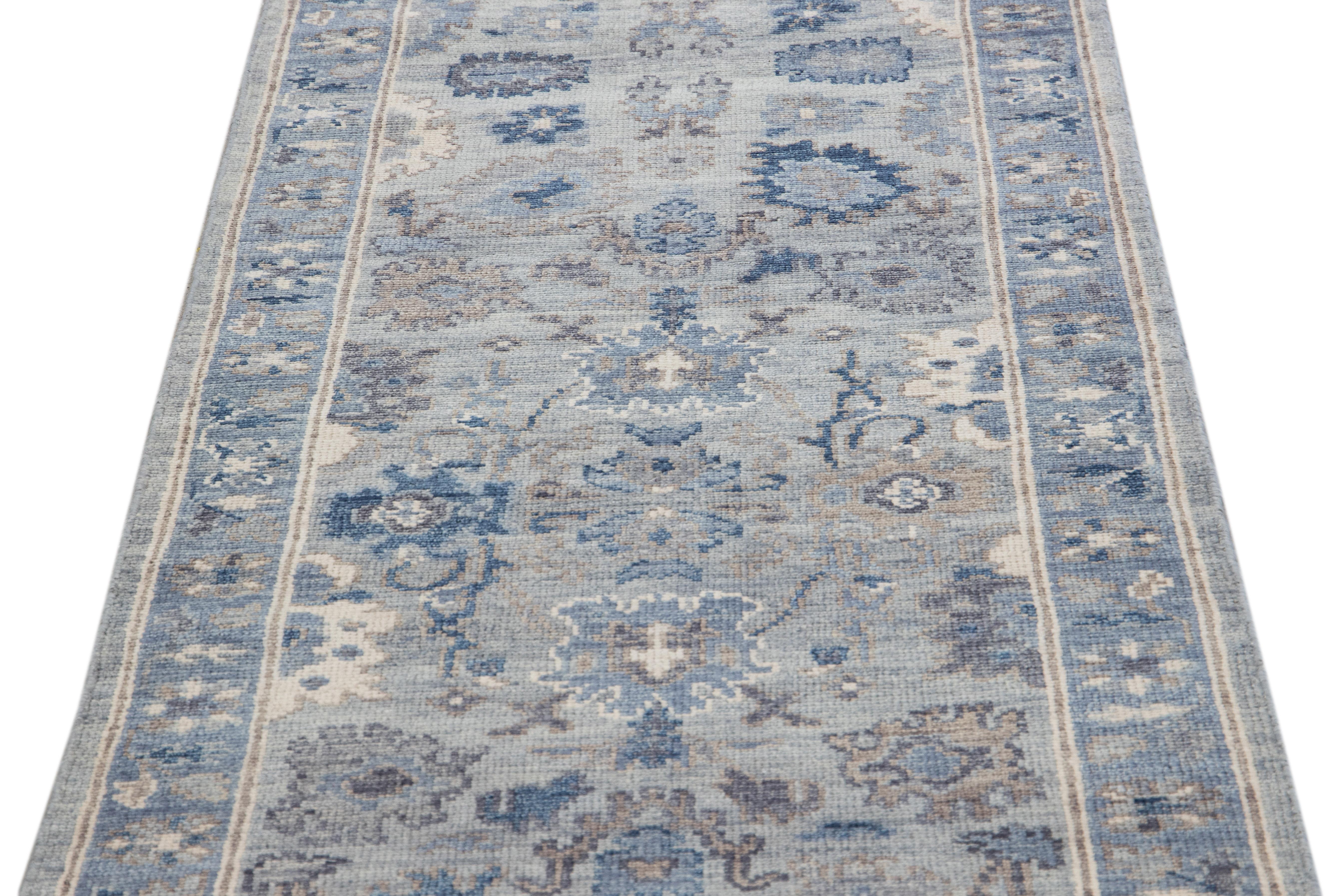 Indian Modern Silver And Blue Oushak style Handmade Floral Motif Wool Runner For Sale