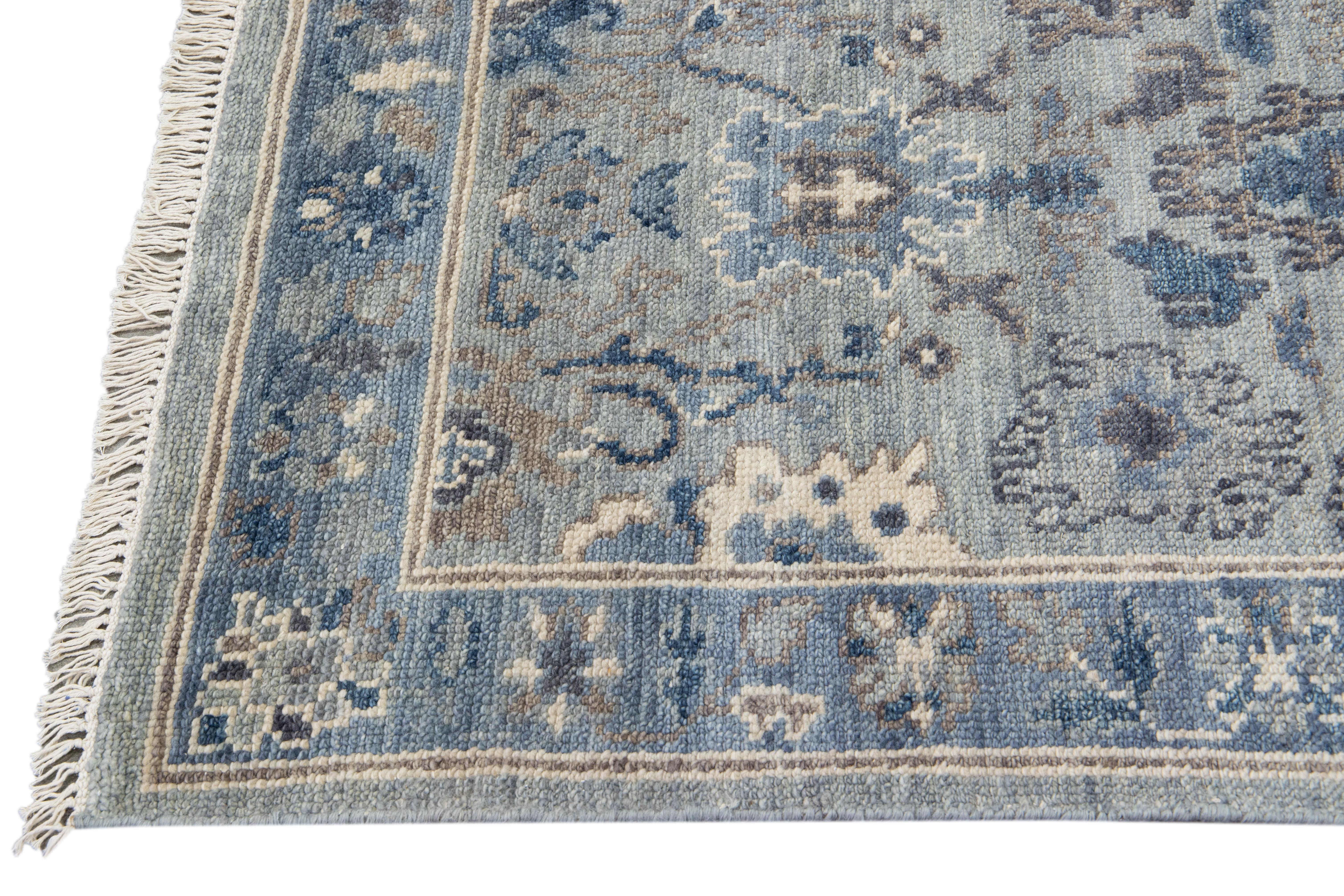 Hand-Knotted Modern Silver And Blue Oushak style Handmade Floral Motif Wool Runner For Sale