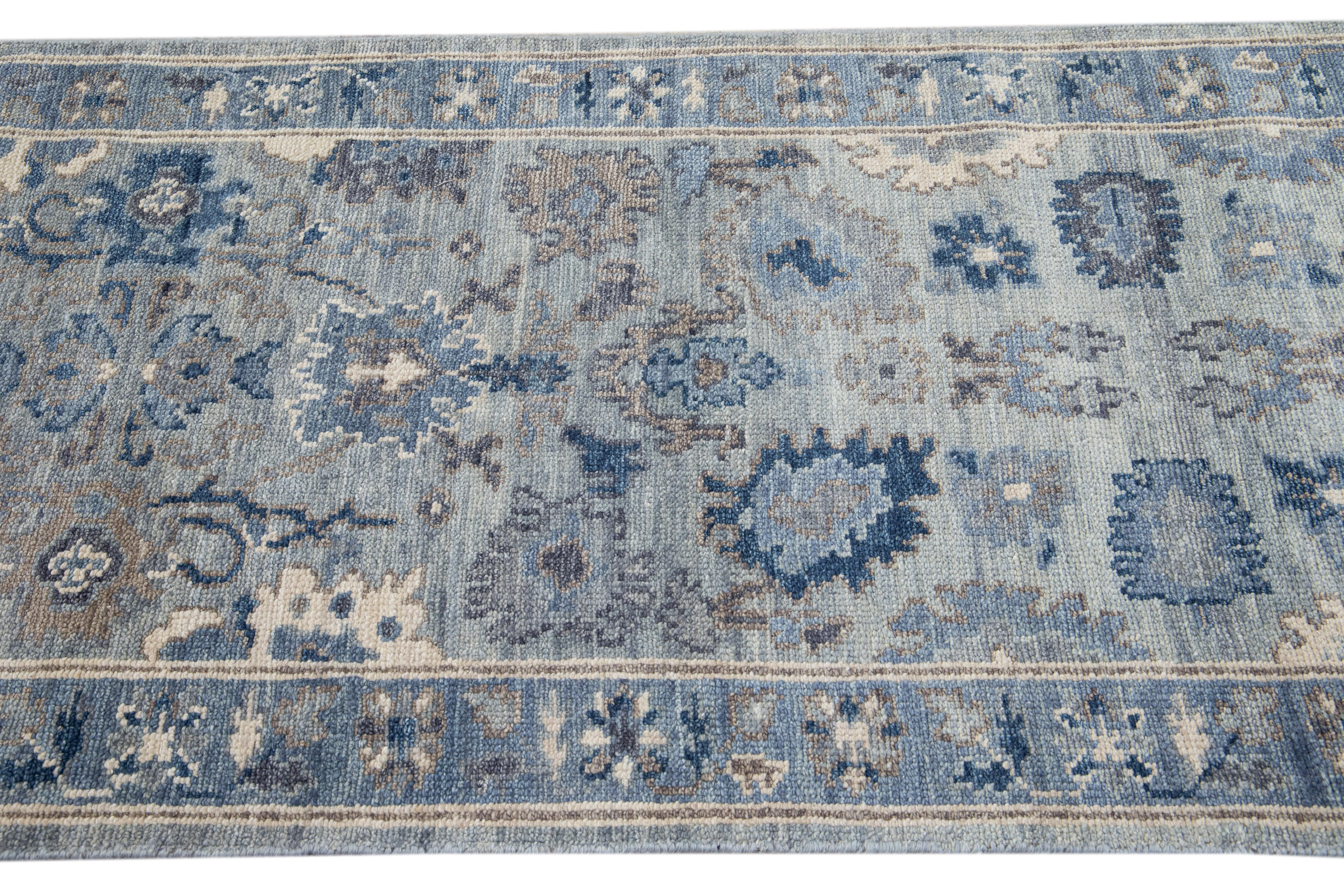 Modern Silver And Blue Oushak style Handmade Floral Motif Wool Runner In New Condition For Sale In Norwalk, CT