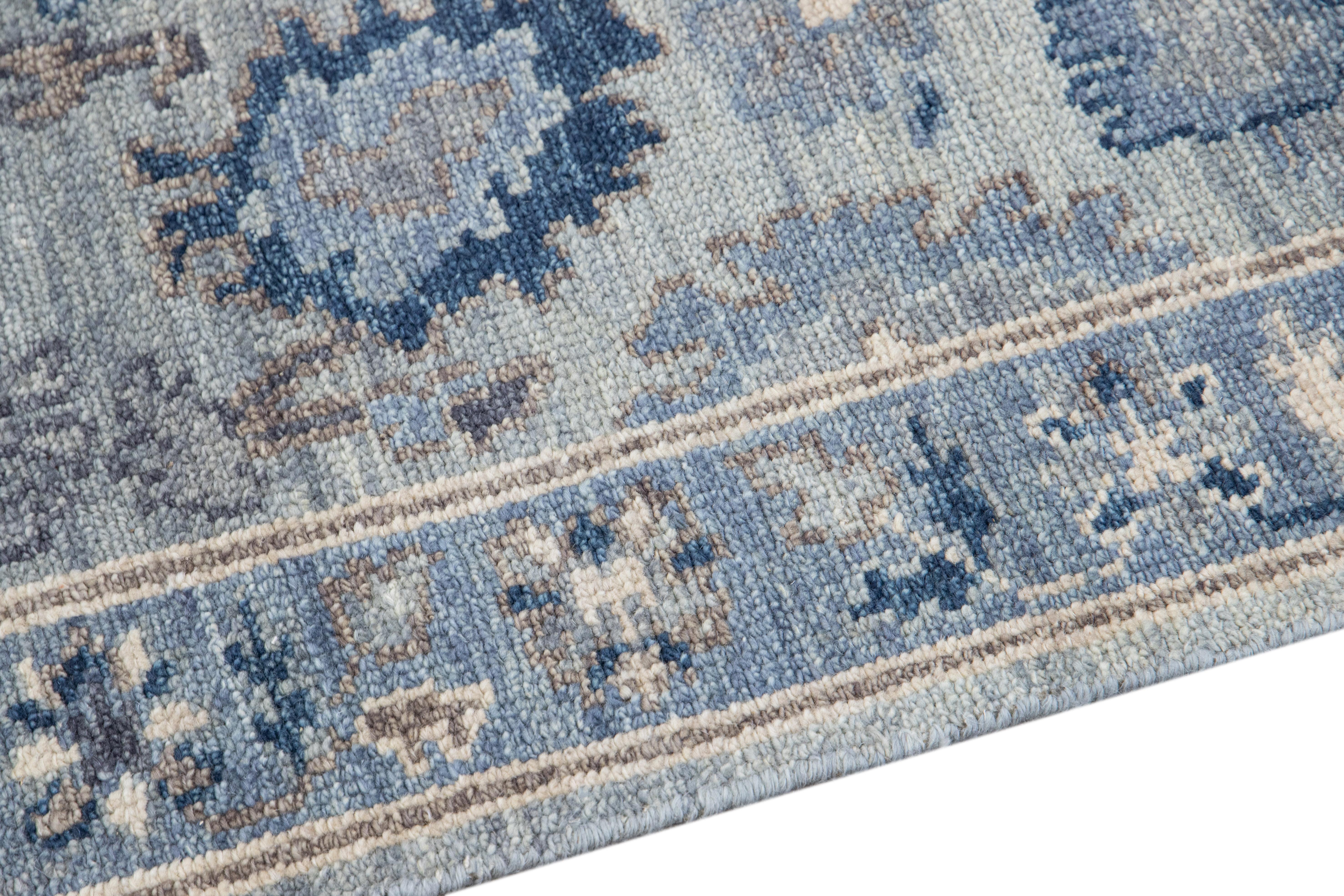 Contemporary Modern Silver And Blue Oushak style Handmade Floral Motif Wool Runner For Sale