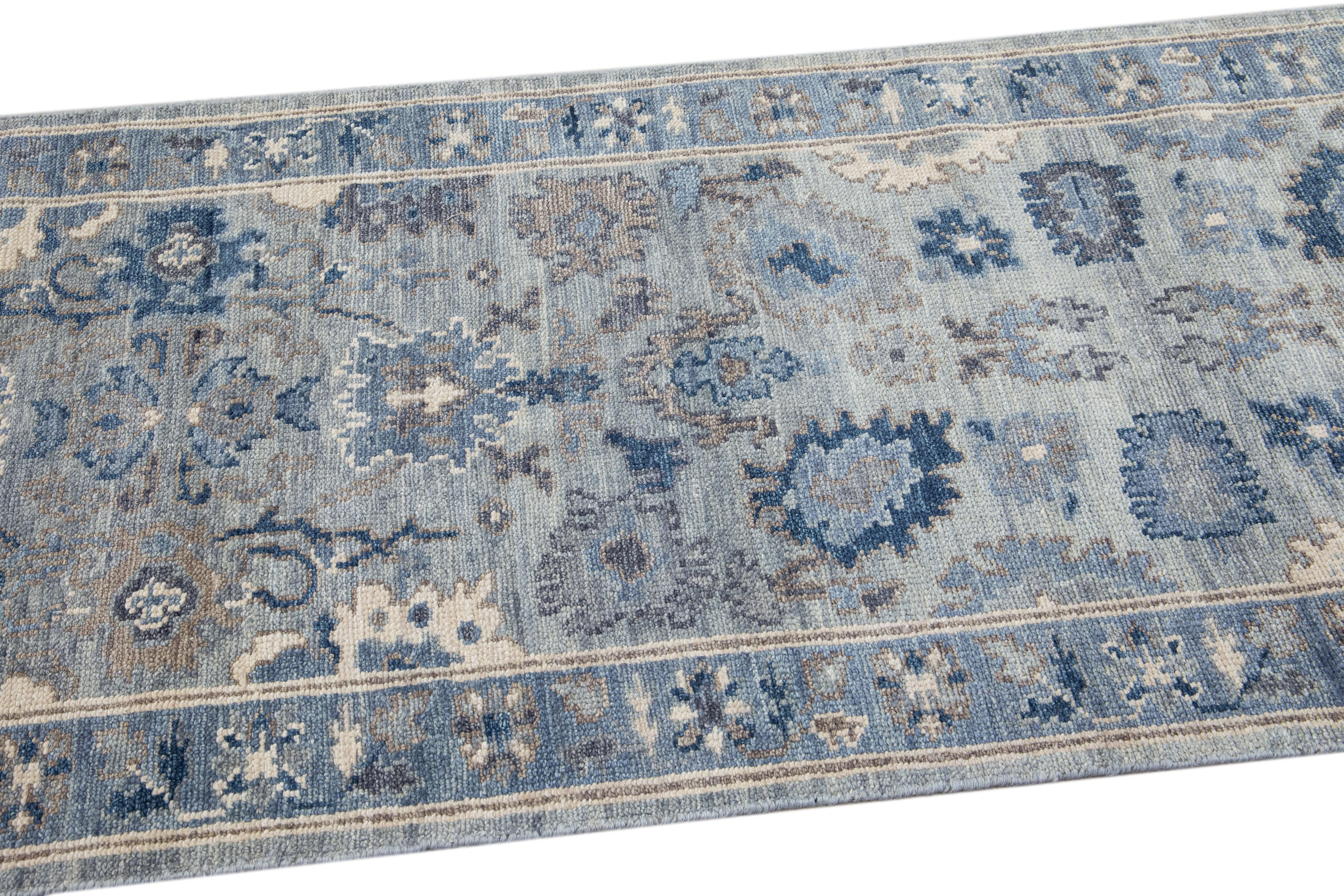 Modern Silver And Blue Oushak style Handmade Floral Motif Wool Runner For Sale 1