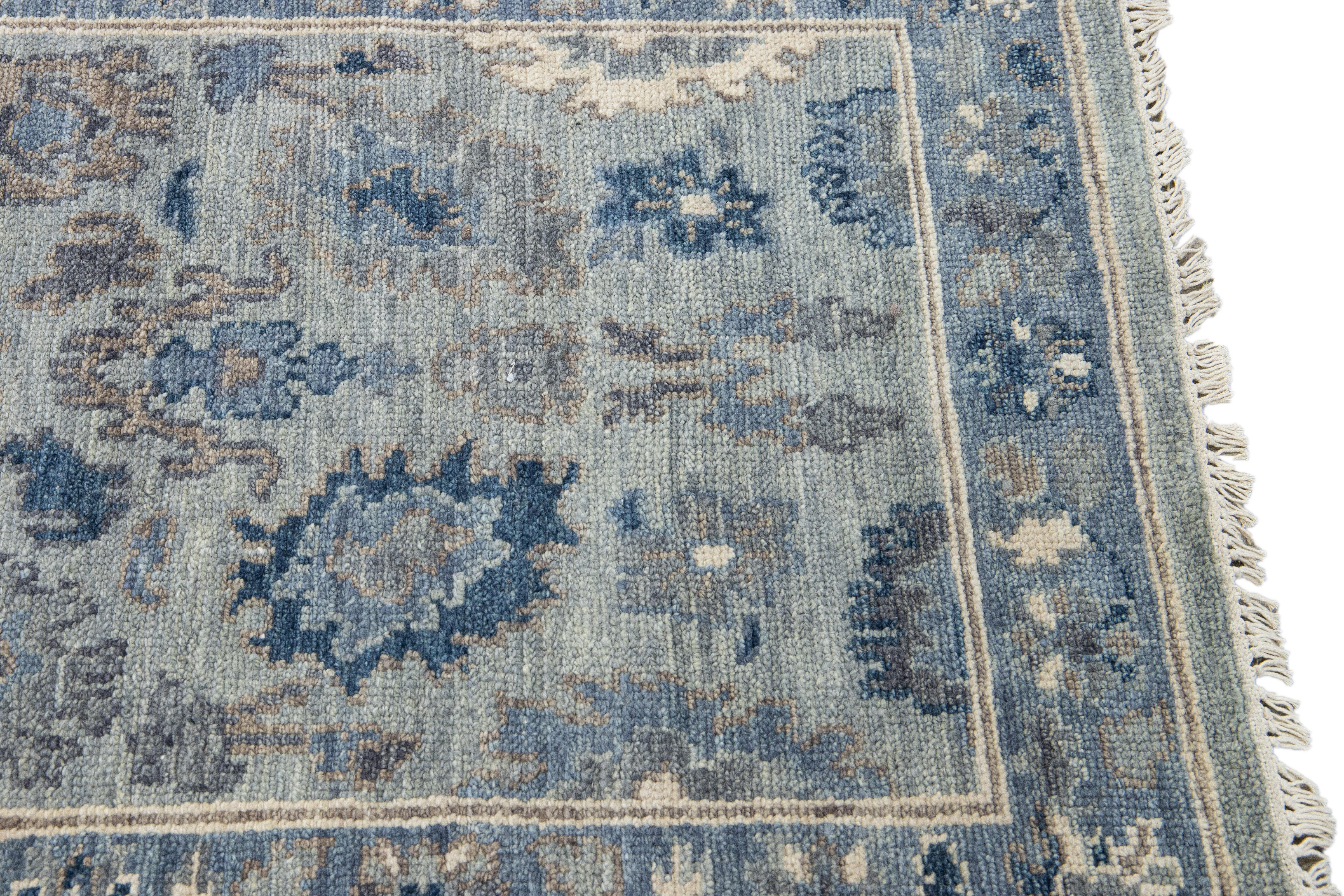 Modern Silver And Blue Oushak style Handmade Floral Motif Wool Runner For Sale 2