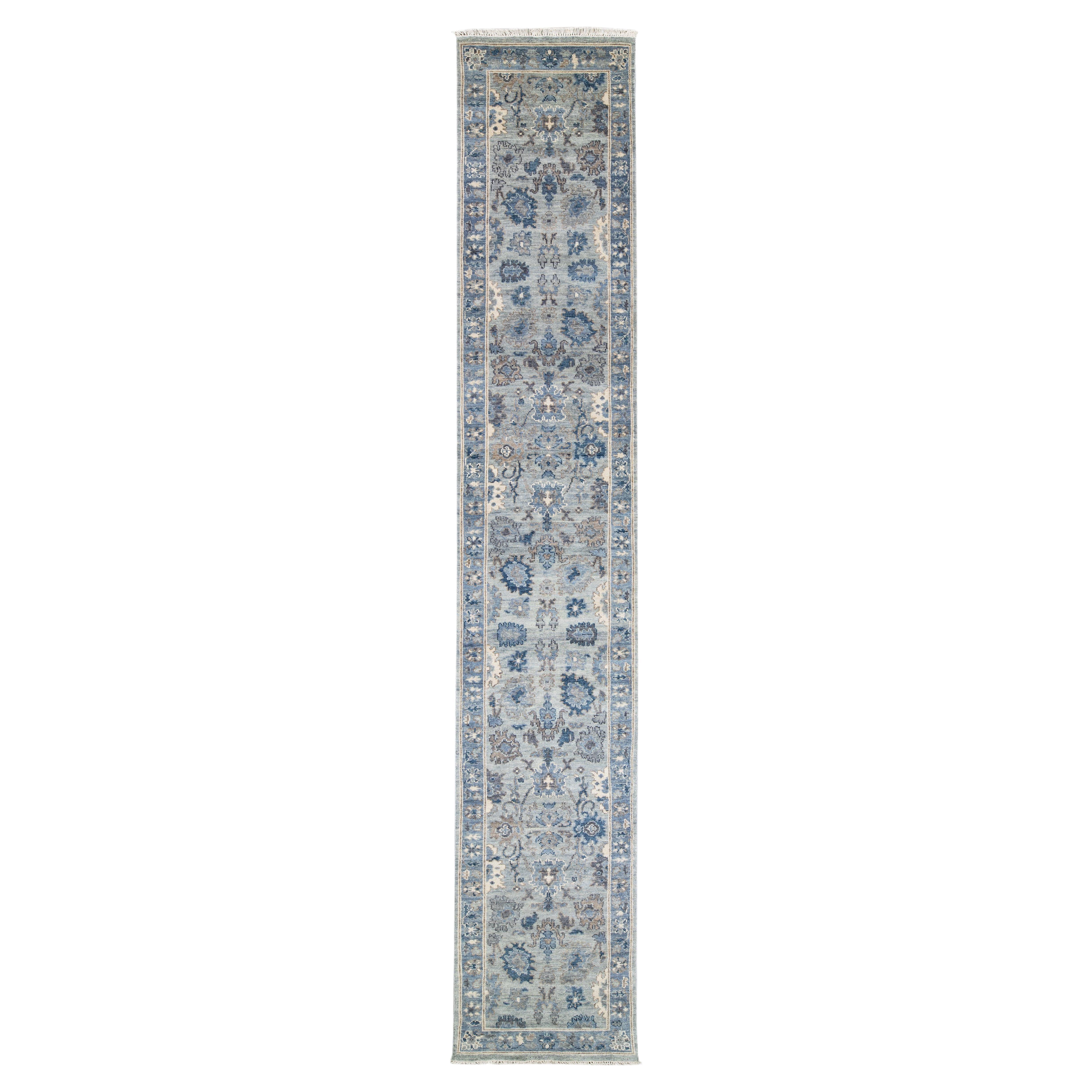 Modern Silver And Blue Oushak style Handmade Floral Motif Wool Runner