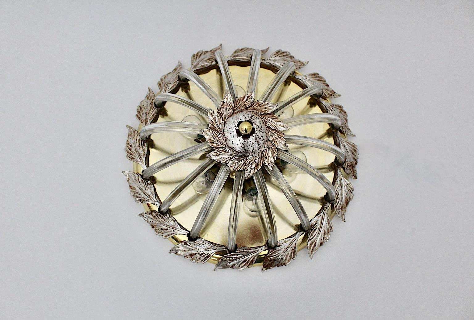 20th Century Modern Silver Brass Glass Vintage Circular Flush Mount 1970s Italy For Sale