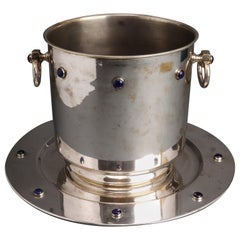 Modern Silver Plate Ice Bucket & Tray With Blue Cabochon Decor