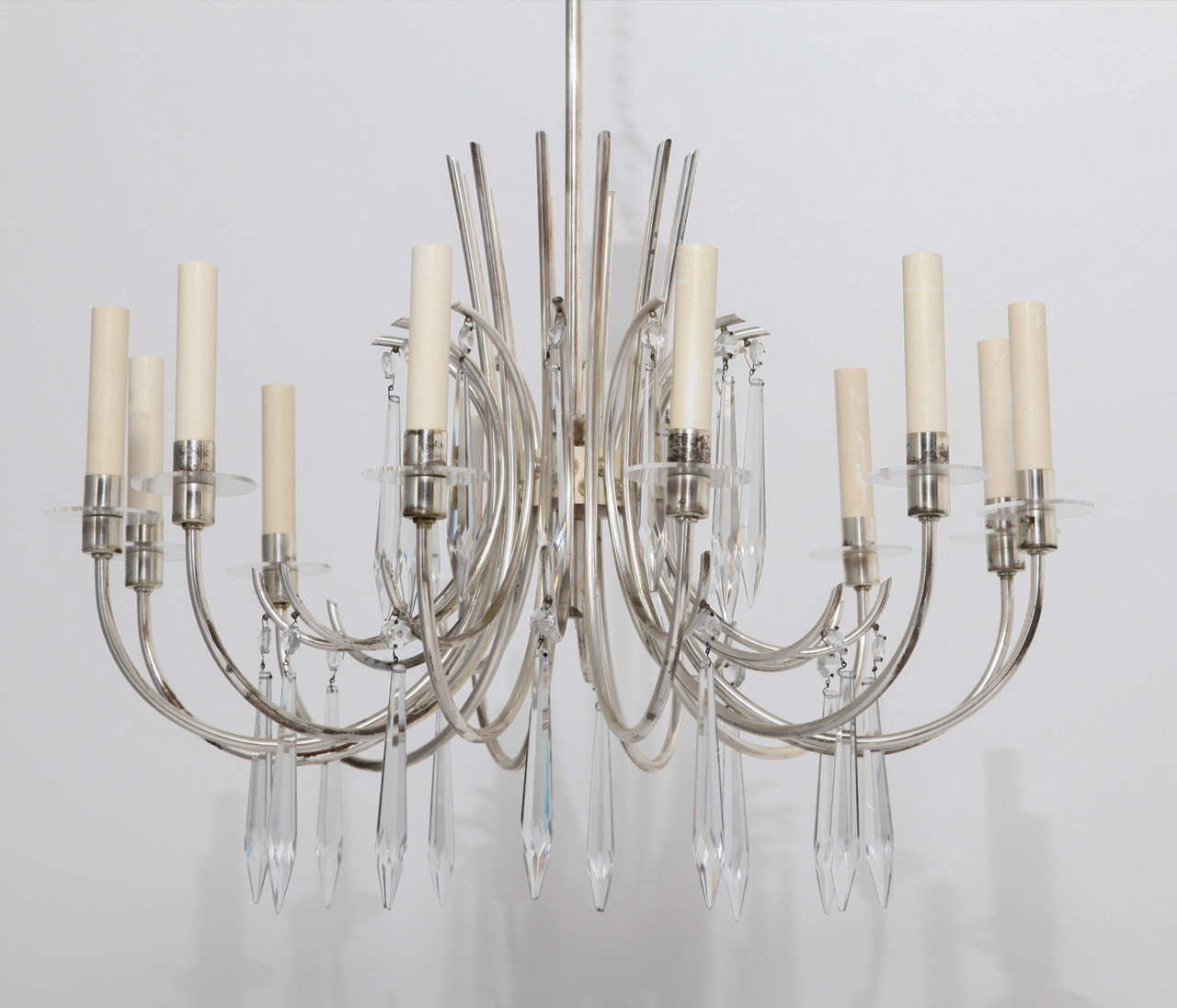 Twelve light candles round silver chandelier with crystal pendants on two levels. In excellent condition, wiring has been checked and confirmed in order,US use. Newly cleaned.