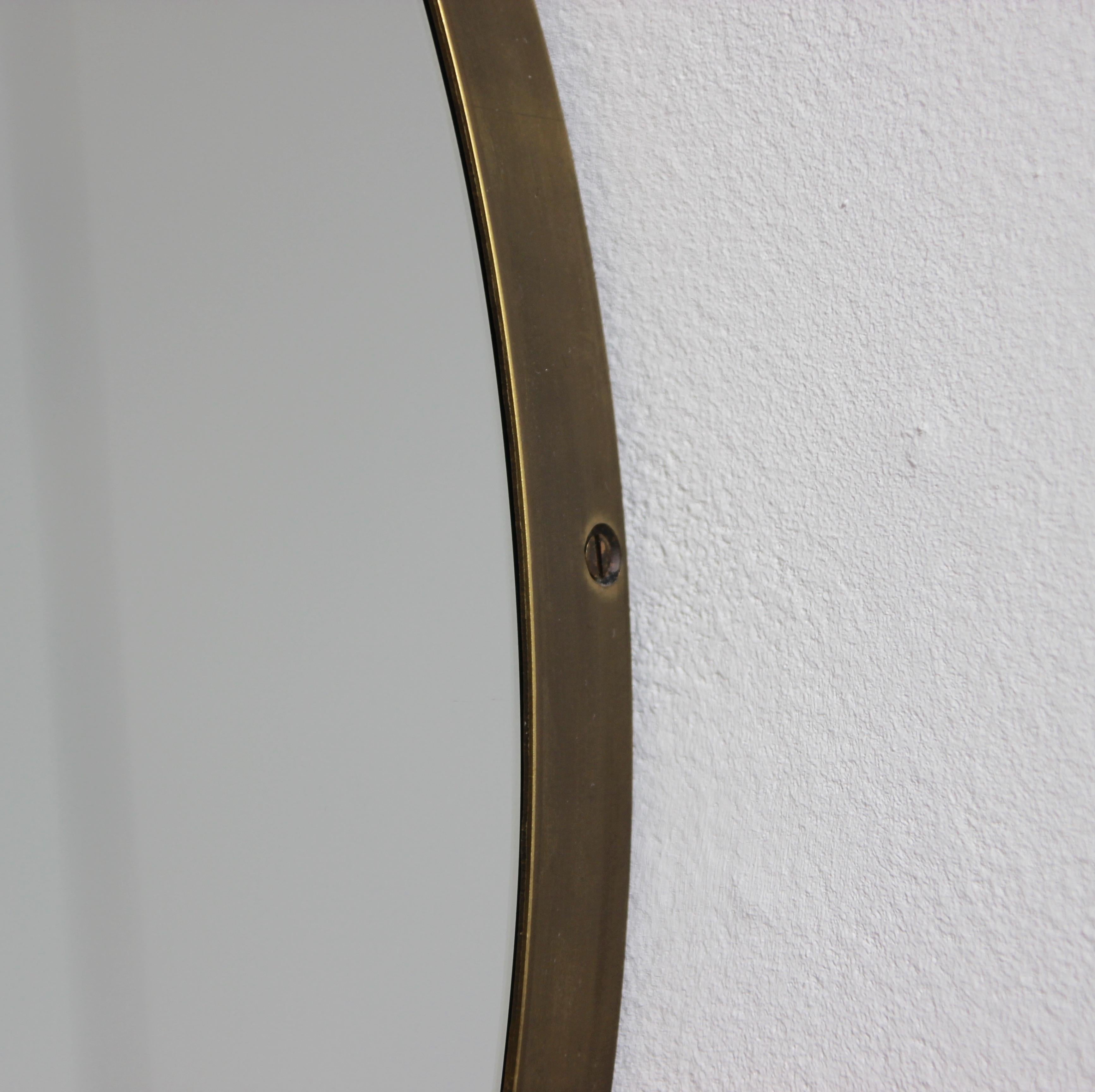 Laiton Orbis Round Art Deco Mirror avec cadre en laiton avec patine bronze, petit en vente