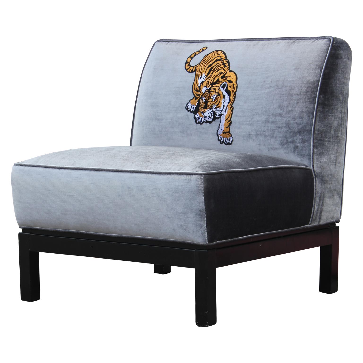 Modern Pair Silver Velvet & Walnut Slipper Lounge Chairs with Tiger Embroidery In Excellent Condition In Houston, TX