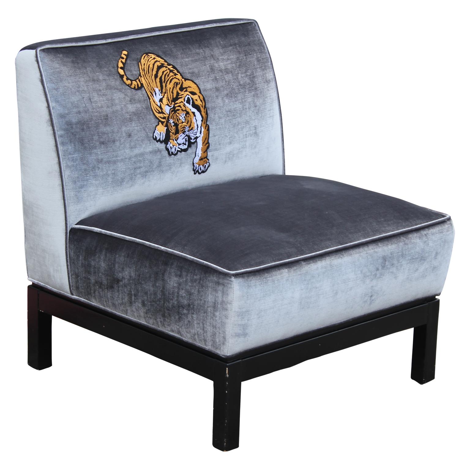 Mid-20th Century Modern Pair Silver Velvet & Walnut Slipper Lounge Chairs with Tiger Embroidery