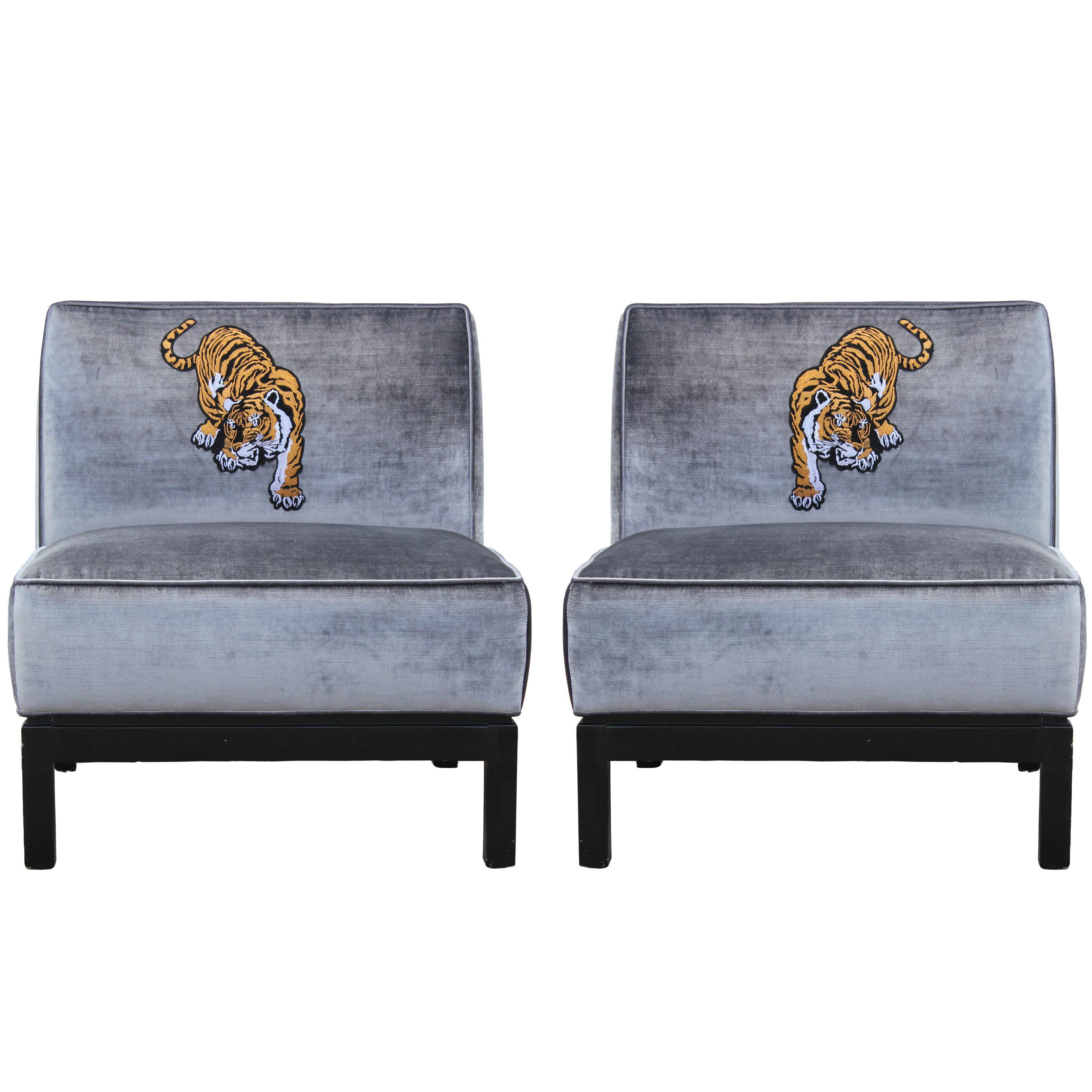 Modern Pair Silver Velvet & Walnut Slipper Lounge Chairs with Tiger Embroidery