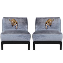 Modern Pair Silver Velvet & Walnut Slipper Lounge Chairs with Tiger Embroidery
