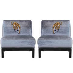 Modern Pair Silver Velvet & Walnut Slipper Lounge Chairs with Tiger Embroidery