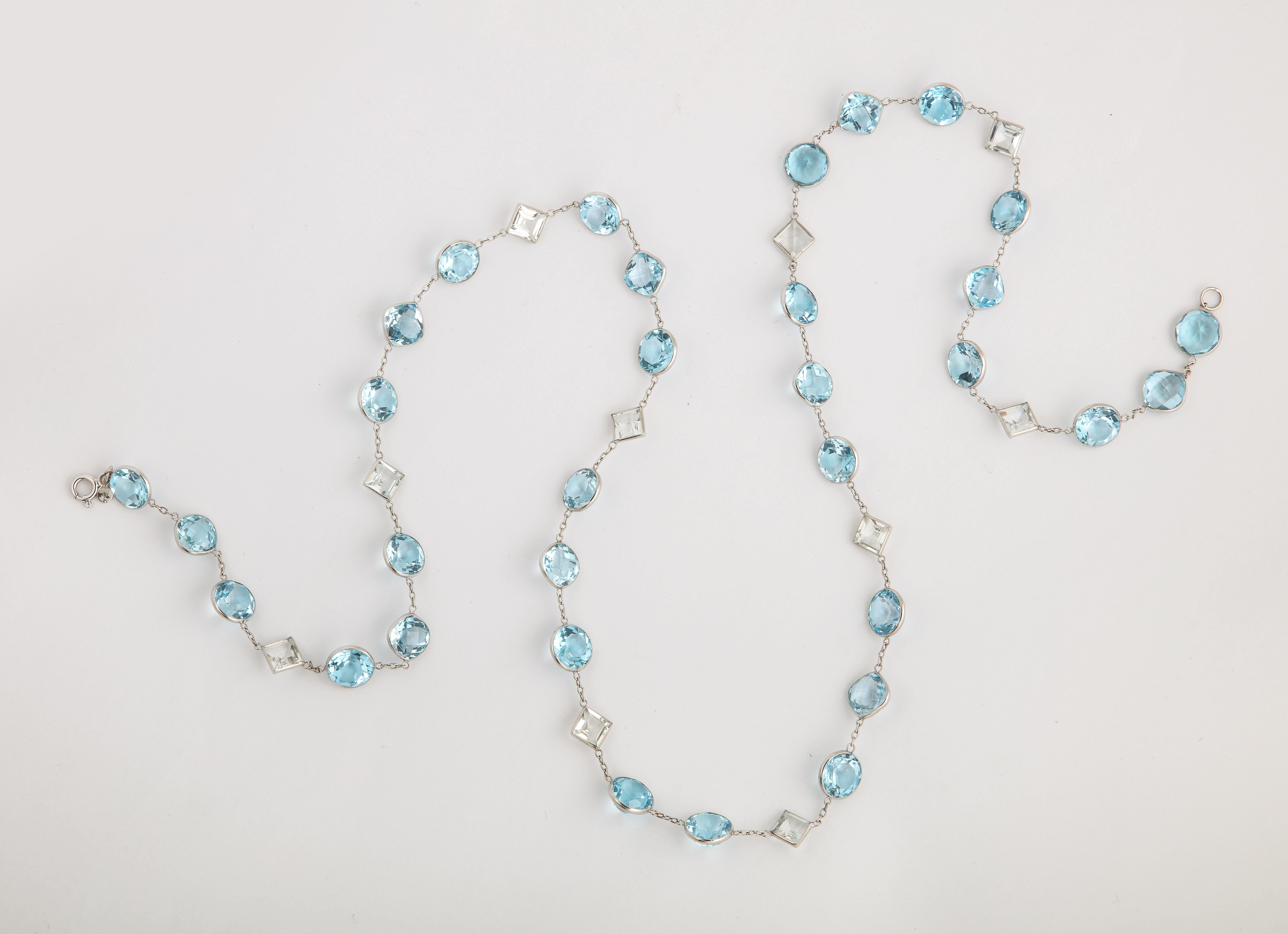 Modern Silver White and Blue Crystal Long Chain In Excellent Condition In Stamford, CT