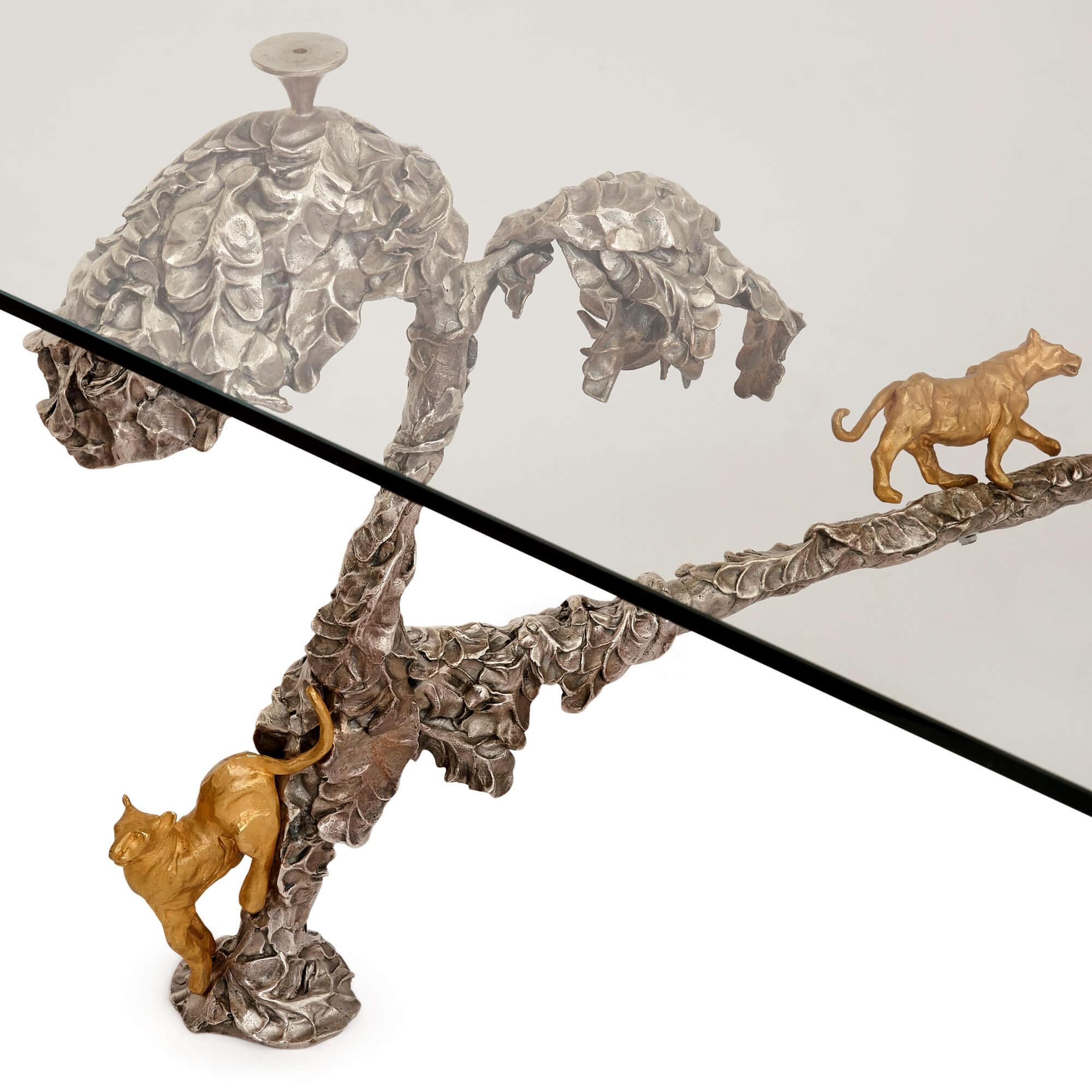 Moderne Table basse animalier moderne en bronze doré et argenté par JM David en vente
