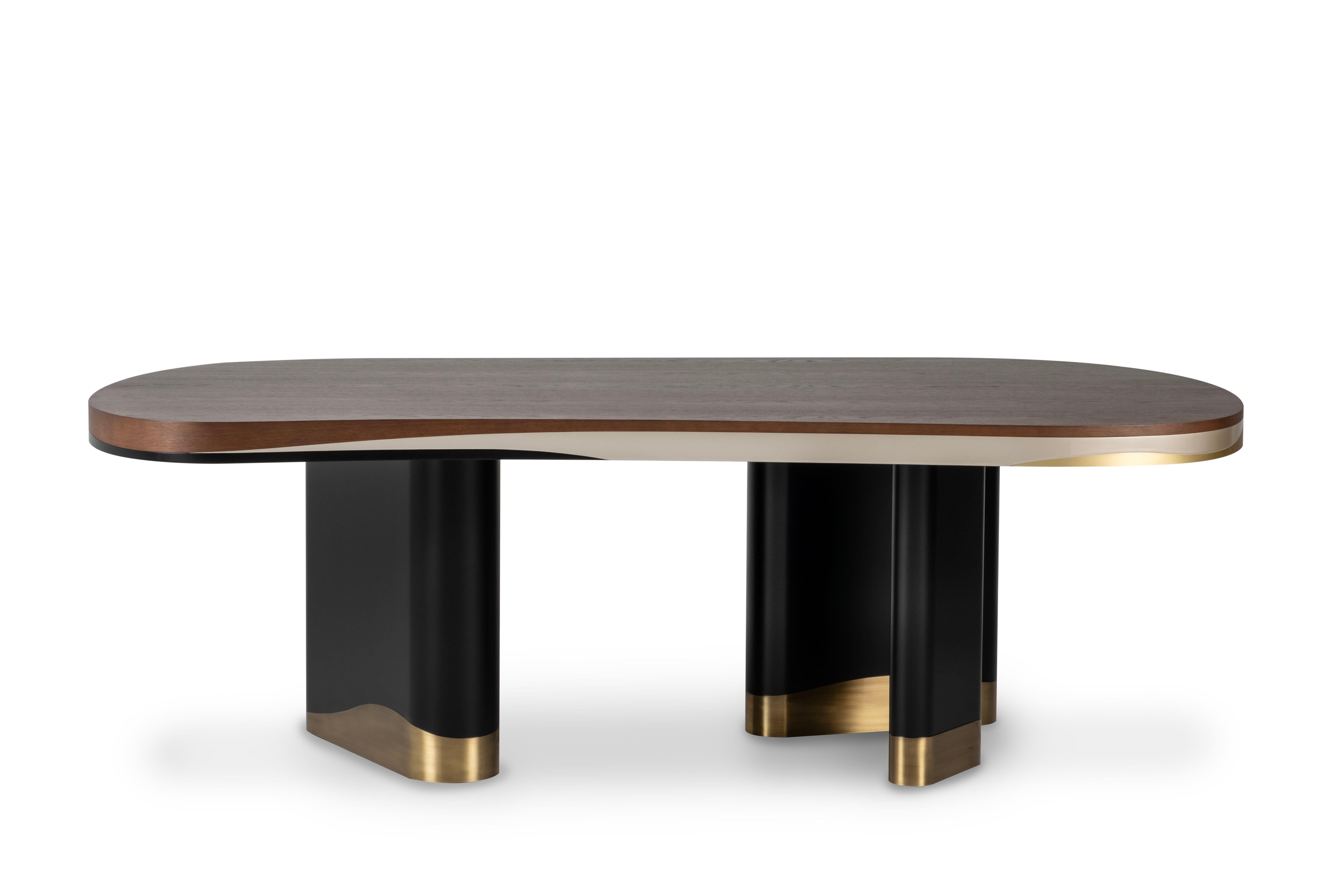 Marquetry Modern Sistelo Dining Table, American Oak Brass, Handmade Portugal by Greenapple For Sale